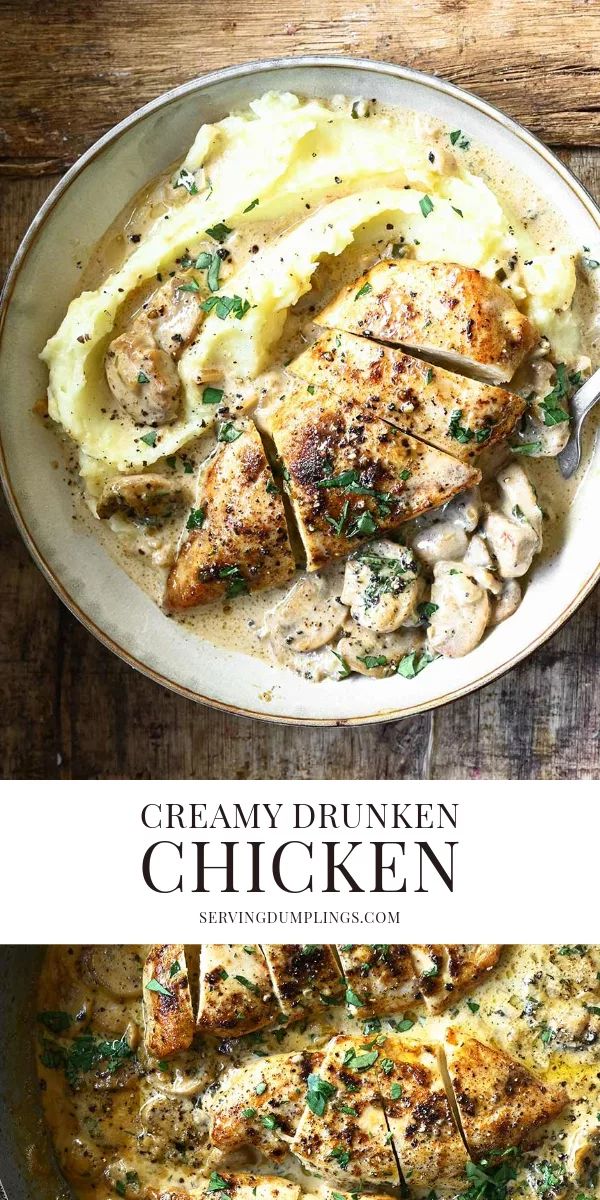 chicken with creamy gravy and mashed potatoes in a skillet on a wooden table