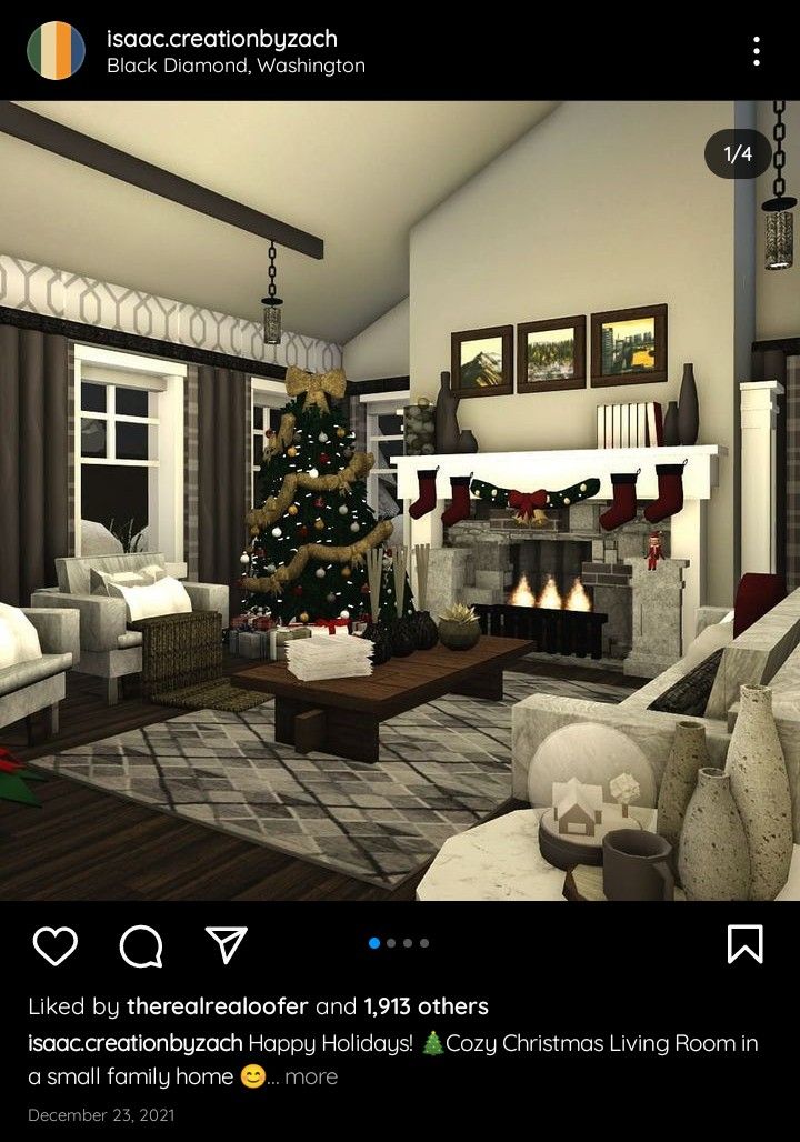 a living room filled with furniture and a christmas tree in front of a fire place