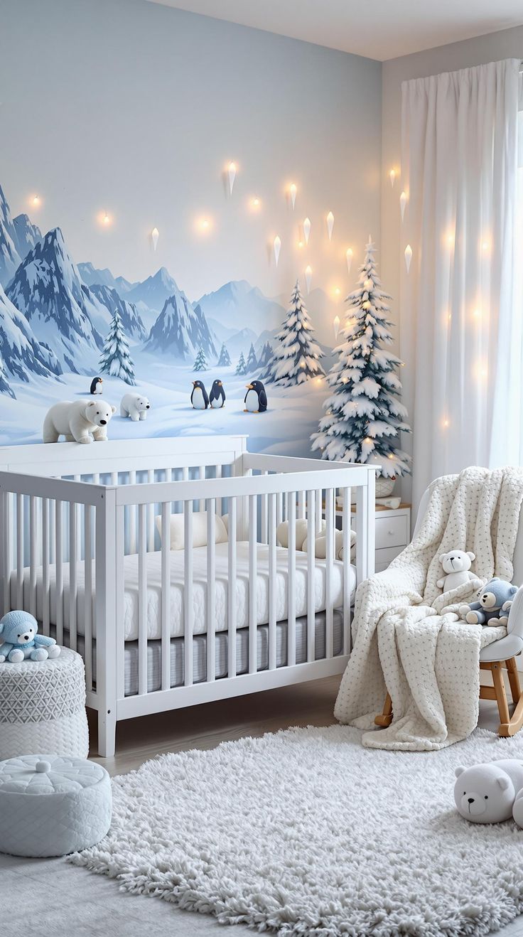 Nursery Room Ideas Frozen Theme Nursery, Acotar Nursery, Nursery Ideas Grey, Arctic Wallpaper, Arctic Nursery Theme, Winter Wonderland Nursery, Arctic Animals Nursery, Animal Theme Nursery, Wonderland Nursery