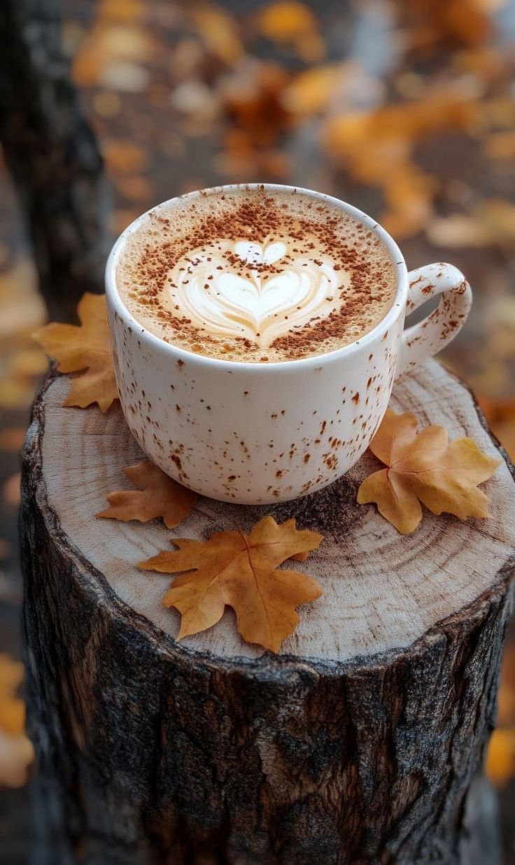 a cup of cappuccino on top of a tree stump with leaves around it