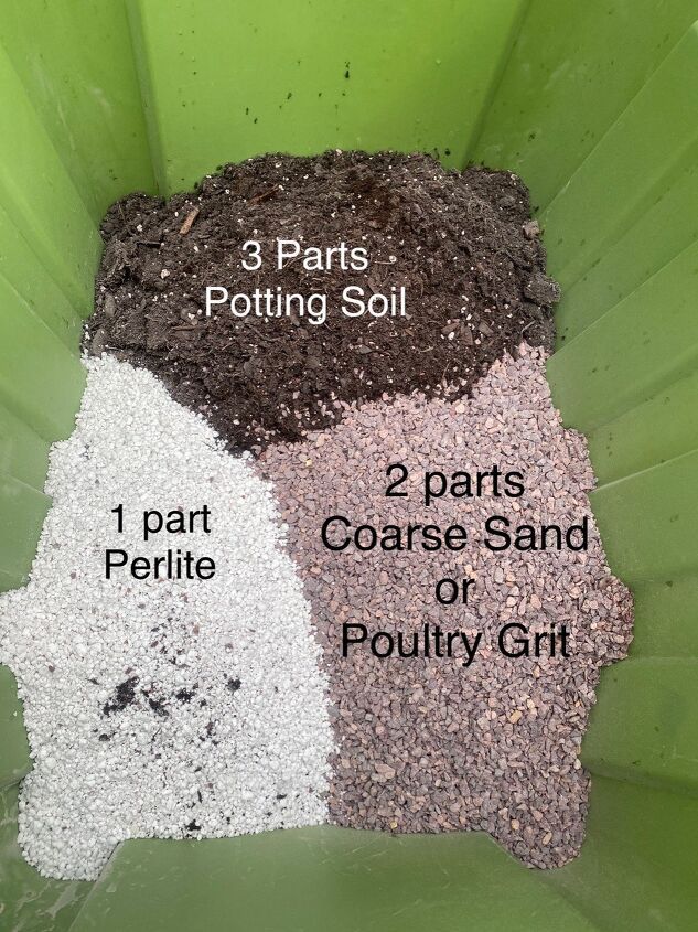 three parts of soil in a green container with the words, 2 parts coarse sand or poultry grit