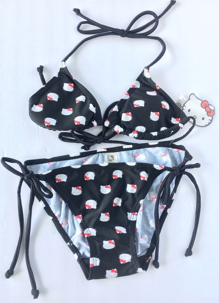 Hello Kitty Swimsuit Two Piece Bikini Swimwear Black NWT Bathing Suit XS  | eBay 2 Piece Swimming Suits Bikinis, Alternative Bathing Suits, Hello Kitty Swimwear, Hello Kitty Swimming Suit, Alt Bathing Suits, Sanrio Swimsuit, Black Bathing Suit Aesthetic, Cute Two Piece Bathing Suits, Grunge Swimsuit