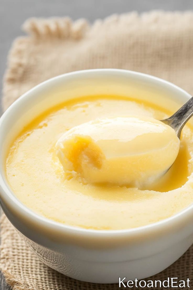 a white bowl filled with yellow liquid and a spoon in it, on top of a burlly cloth