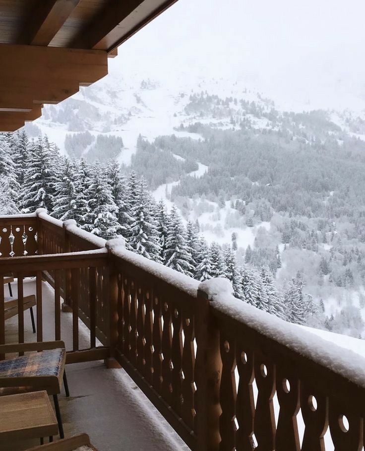 the balcony is covered in snow and trees