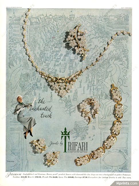 Jewellery Advertising, Trifari Brooch, Print Advertisement, Trifari Jewelry, Jewelry Ads, Vintage Trifari, Magazine Ad, Plaza Hotel, Pearl Design