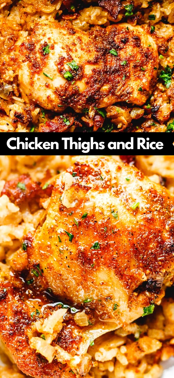 chicken thighs and rice casserole with parmesan cheese on the side is shown