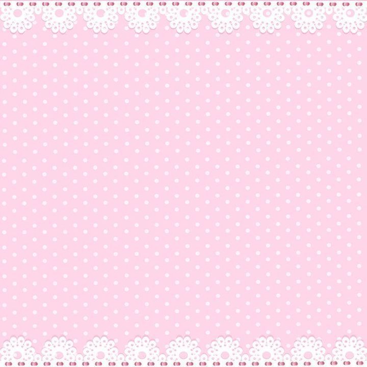 a pink background with white polka dots and lace