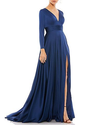 Women's Wedding Guest Dresses | Dillard's Gala Attire, Guest Wedding Dress, Bride Groom Dresses, Satin Dress Long, Mac Duggal Dresses, Unique Prom Dresses, Long Sleeve Gown, Prom Designs, Designer Prom Dresses