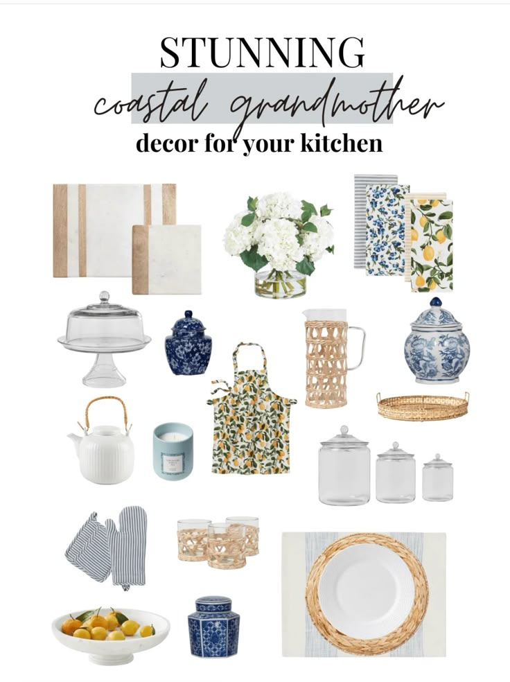 a white and blue color scheme with text that reads stunning coastal grandmother decor for your kitchen