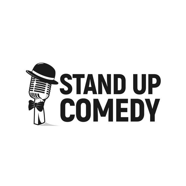 the stand up comedy logo with a microphone and hat on it's head, in black and white