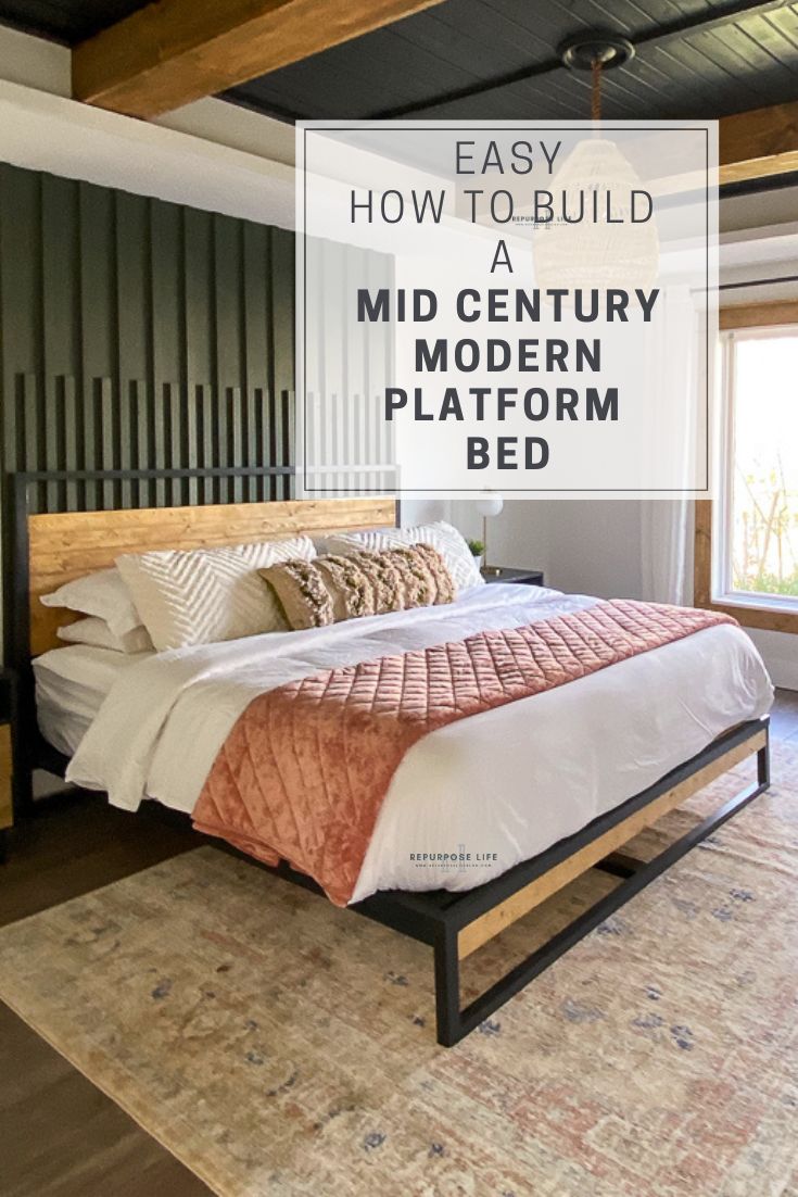 a bed sitting on top of a wooden floor next to a window with the words how to build a mid century modern platform bed