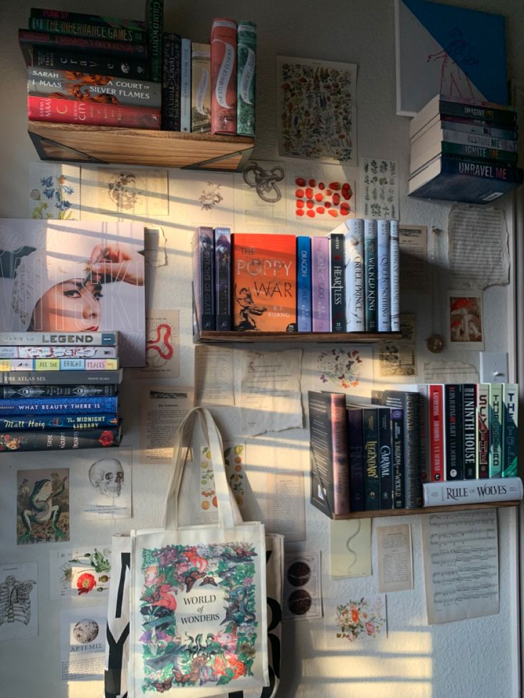 the books are lined up on the wall next to the bag and other items in the room