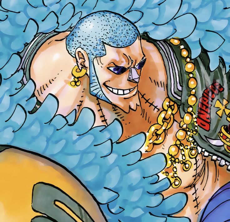 an image of a man with blue hair and gold jewelry on his face next to another man's head