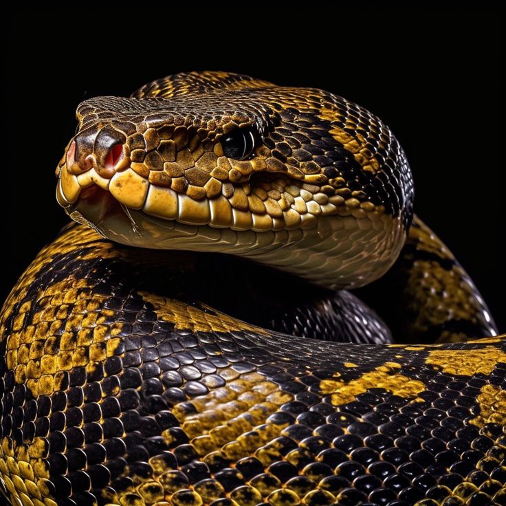 a close up of a snake on a black background