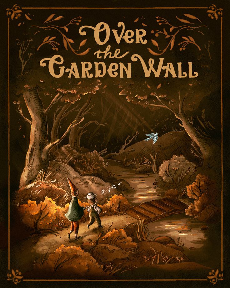 the cover to over the garden wall, with an illustration of two children walking through a forest