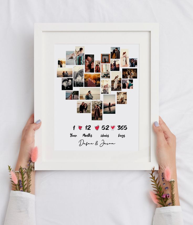 two hands holding a white framed photo with multiple photos in the shape of a heart