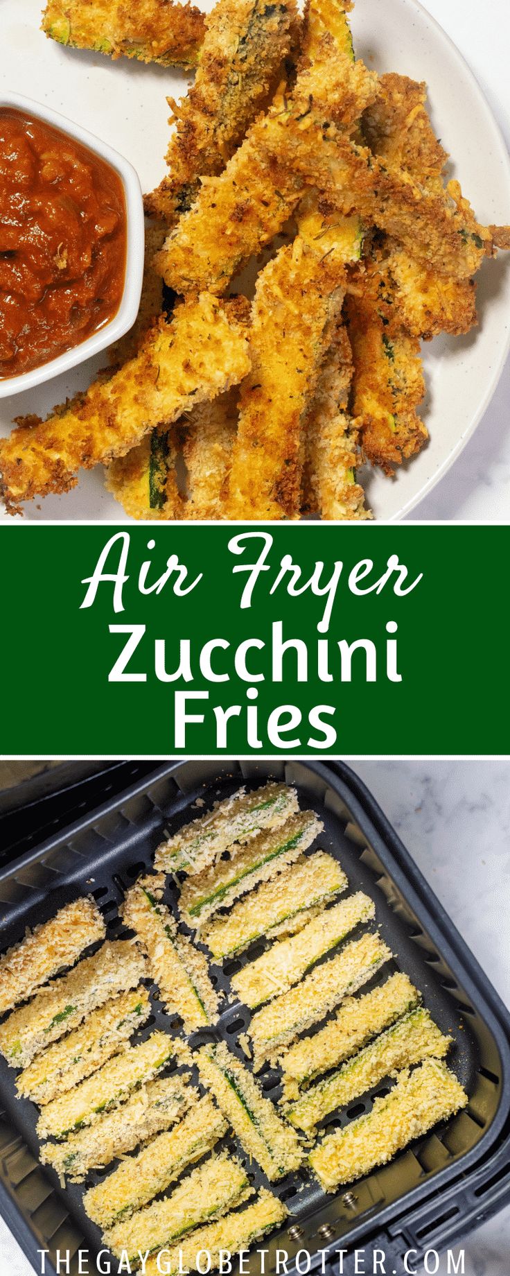 fried zucchini fries on a plate with dipping sauce in the background and text overlay reading air fryer zucchini fries