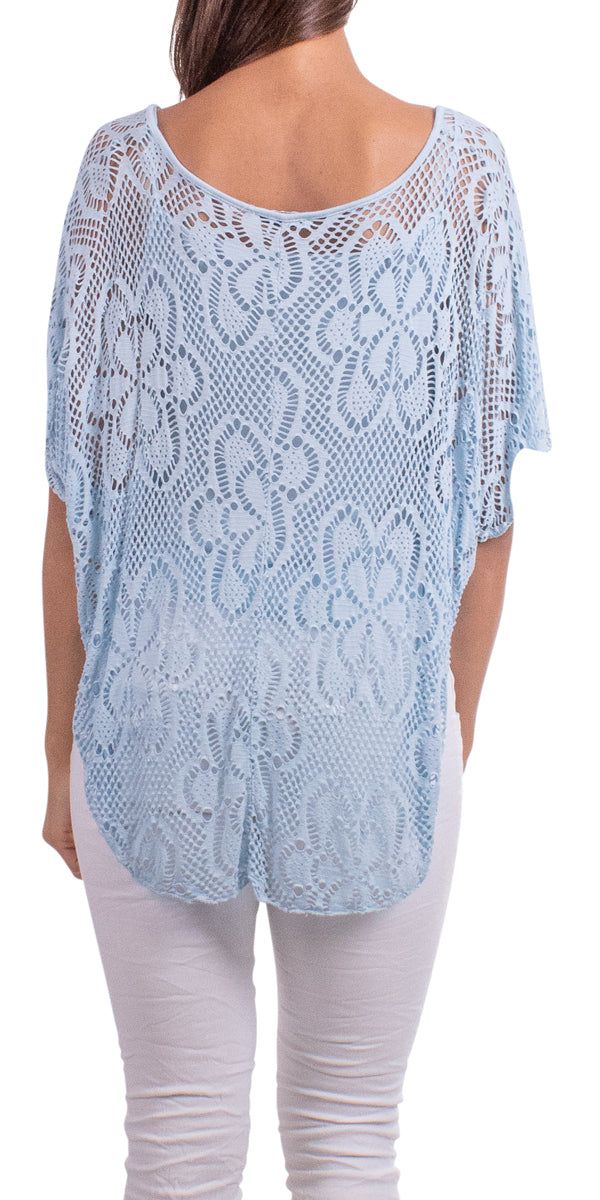 Elegant, soft and stretchy lace-style knit top in a floral design, with short wide sleeves. Exterior 100% Viscose | Interior 95% Viscose 5% Elastic One Size fits most Made in Italy Model is 5'8 Floral Lace Tops, Italian Women, Silk Shorts, Top For Women, Lace Fashion, Wide Sleeves, Dress 100, Italian Fashion, Ruffle Dress