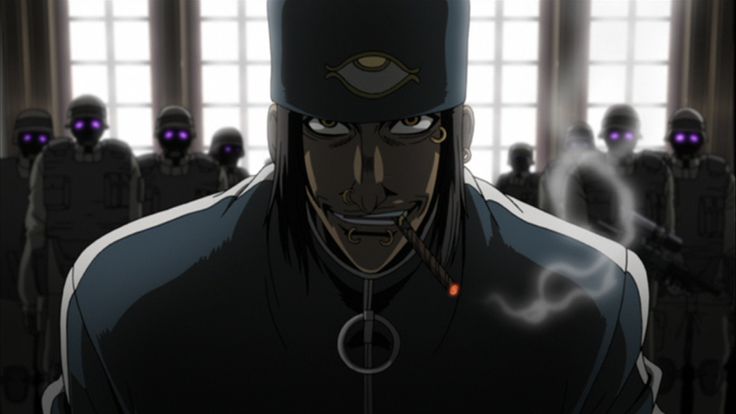 an anime character in front of a group of people with purple eyes and black hair