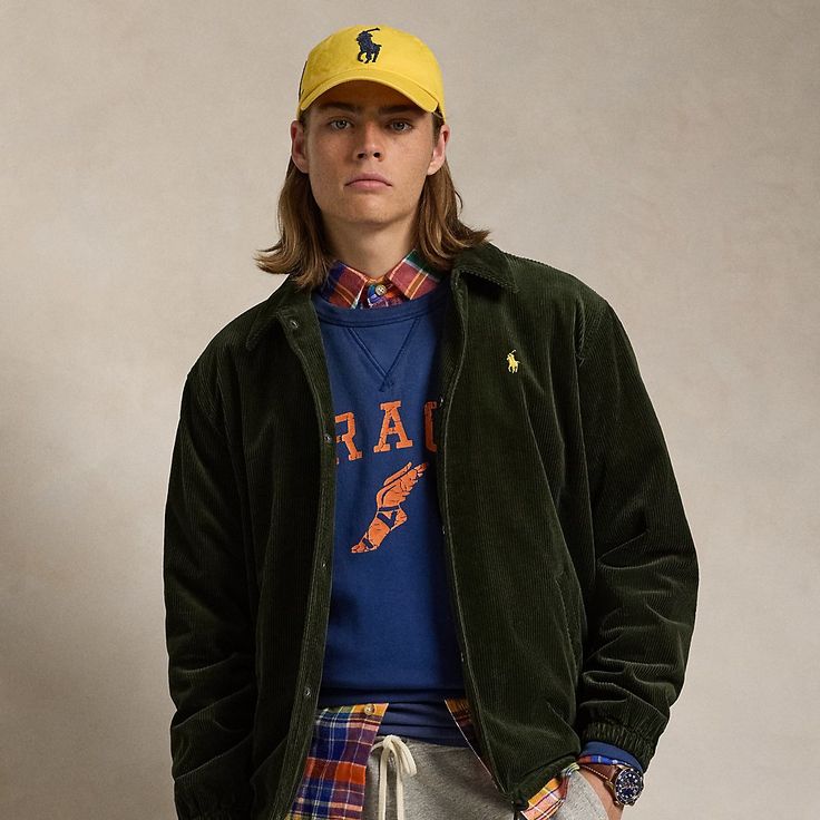 This jacket merges a sporty shape with wide-wale cotton corduroy and our signature embroidered Pony. Olive Corduroy Jacket Outfit, Casual Sport Coat With Corduroy Collar For Winter, Casual Winter Sport Coat With Corduroy Collar, Sporty Ralph Lauren Fall Outerwear, Ralph Lauren Cotton Outerwear For Fall, Cotton Track Jacket With Embroidered Logo For Fall, Fall Cotton Track Jacket With Embroidered Logo, Ralph Lauren Casual Spring Sport Coat, Casual Sport Coat With Corduroy Collar For Fall