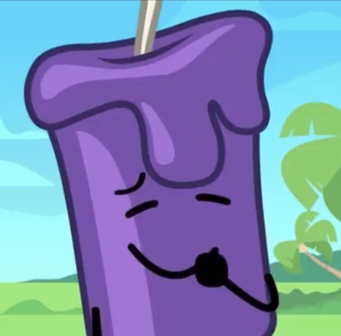 a cartoon character holding a toothbrush in his mouth and wearing a purple outfit with eyes closed