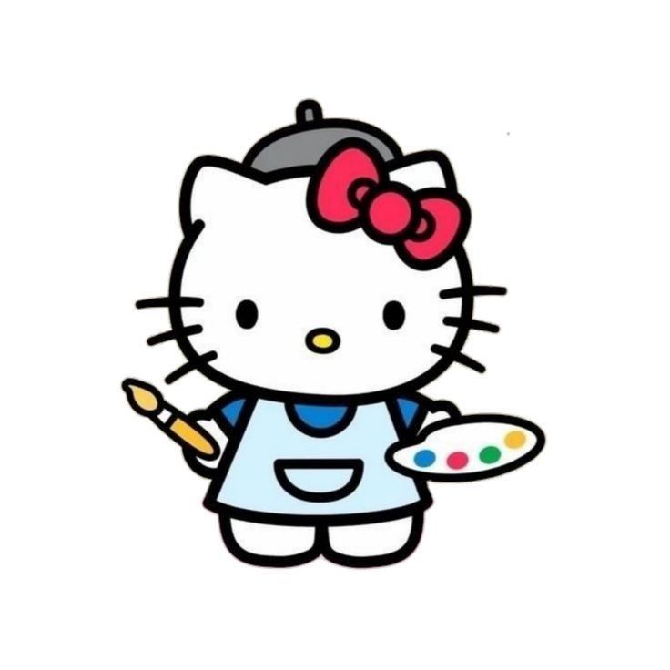 a hello kitty holding a paintbrush and an acrylic palette in her hand