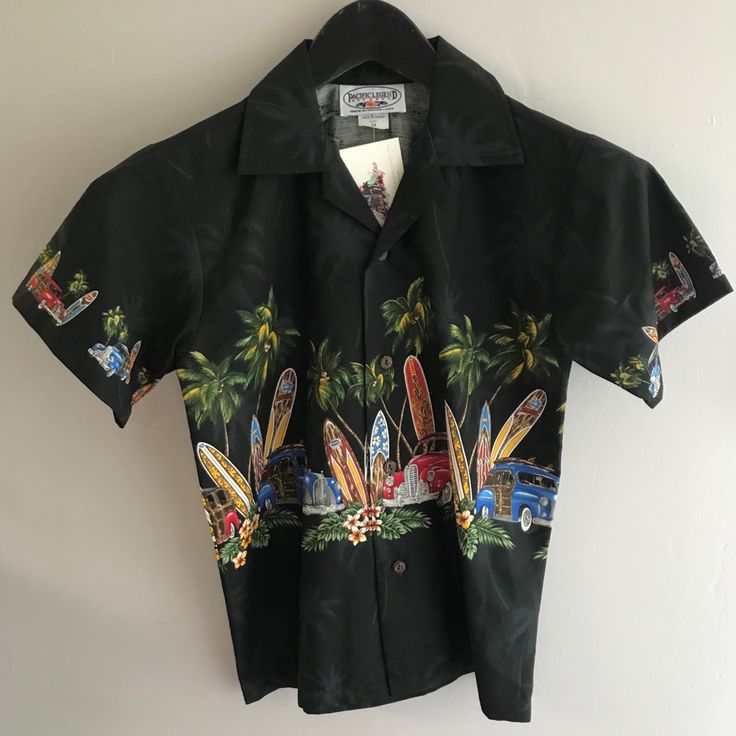 This Nice Black Shirt Is Very Beachy. Casual Black T-shirt With Buttons, Black Buttoned T-shirt For Summer, Black Hawaiian Printed T-shirt, Black Fitted Top With Camp Collar, Fitted Black Hawaiian Shirt With Short Sleeves, Black Casual T-shirt With Buttons, Black Relaxed Fit Camp Shirt With Button Closure, Black Buttoned Casual T-shirt, Fitted Black Printed Hawaiian Shirt