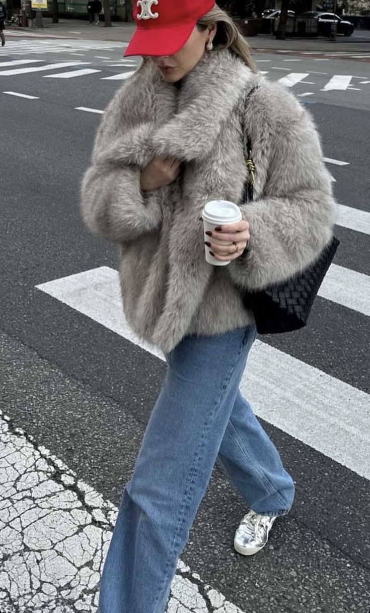 Beige Fur Coat Outfit, Luxury Winter Fur Coat For Streetwear, Celine Hat, Modern Fur Coat Street Styles, Diesel Heels, Slick Back Hairstyle, Blue Smile, Cream Leather Jacket, Hailey Bieber Fur Coat