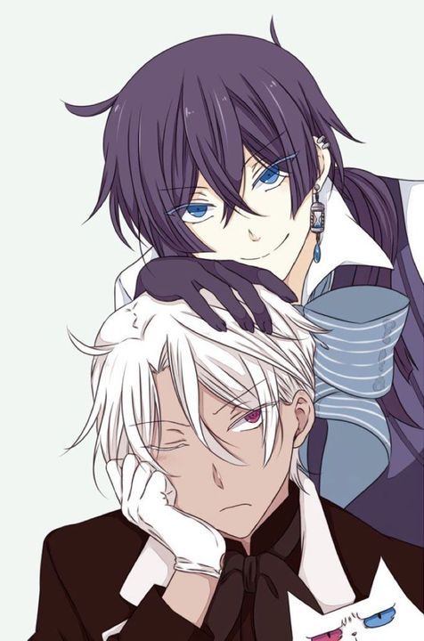 two anime characters one with blue eyes and the other with white hair, are hugging