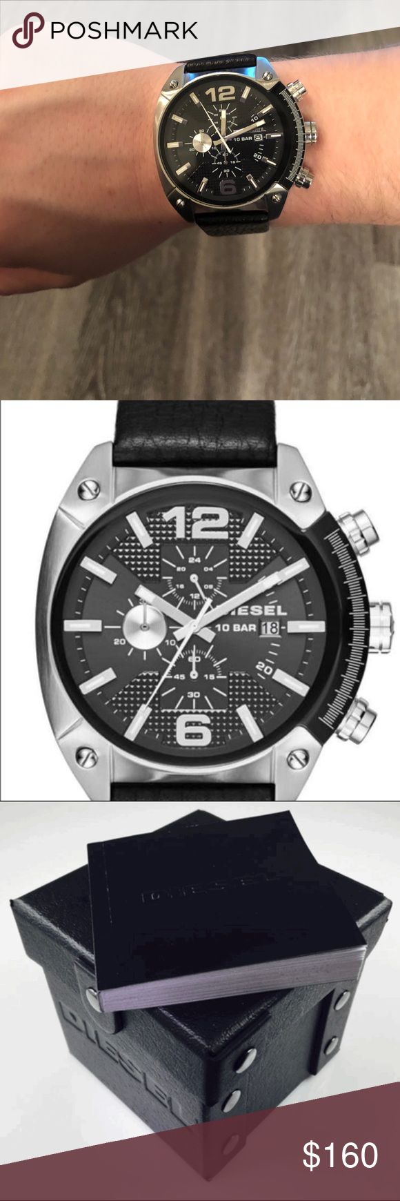 Diesel Overflow Chrono Black Leather Watch DZ4341 This Diesel Men's watch features a black dial with silver-tone hands and index hour markers, fixed stainless steel bezel and a stainless steel case with a black leather strap. Quartz movement with Analog display. Round case shape with a 54 mm x 49 mm case diameter. Scratch resistant mineral crystal. Pull / push crown. Solid case back. Functions: Chronograph, Date, Hour, Minute, Second. Water resistance up to 100 meters. Diesel Accessories Watches Casual Black Watches With Subdials, Casual Black Chronograph Watch With Analog Display, Black Casual Analog Chronograph Watch, Casual Black Analog Chronograph Watch, Black Casual Business Watch, Designer Leather Chronograph Watch For Formal Occasions, Casual Black Chronograph Watch, Designer Leather Chronograph Watch Analog, Casual Business Watch With Round Dial