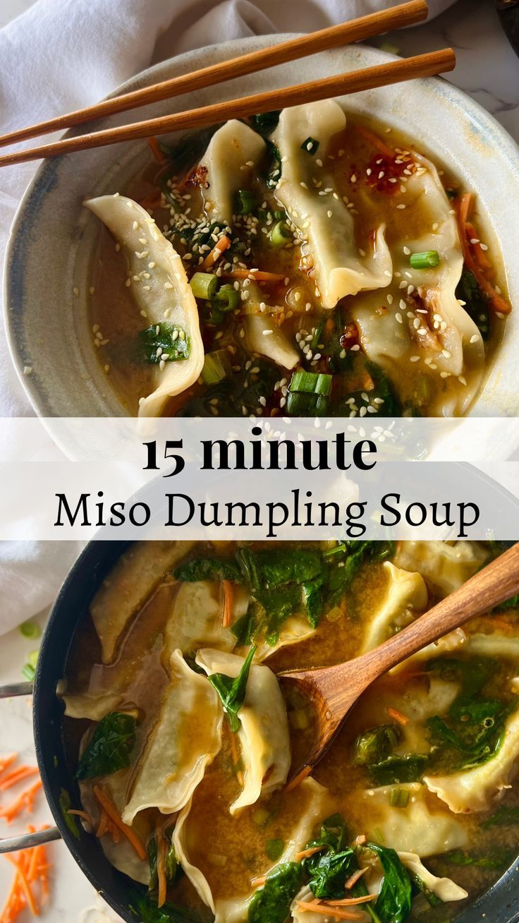 miso dumpling soup ready in just 15 minutes. topped with green onion and sesame seeds Dumpling Soup Easy, Asian Soup Recipes, Miso Recipe, Vegetable Dumplings, Dumpling Soup, Soup Easy, Dumplings For Soup, Asian Soup, Vegan Soup