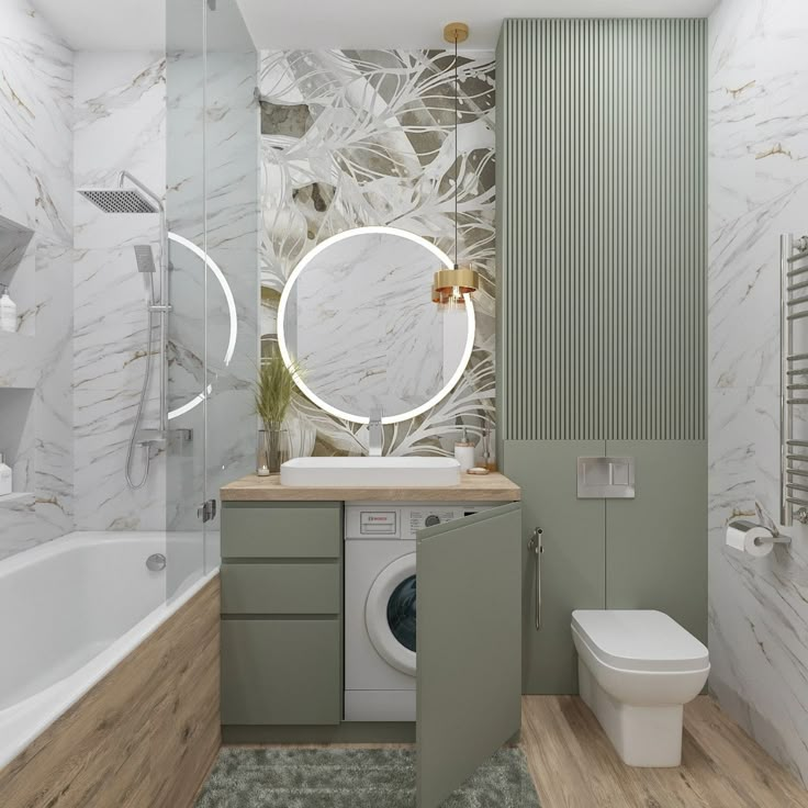 a bathroom with a sink, toilet and bathtub next to a wall mounted mirror