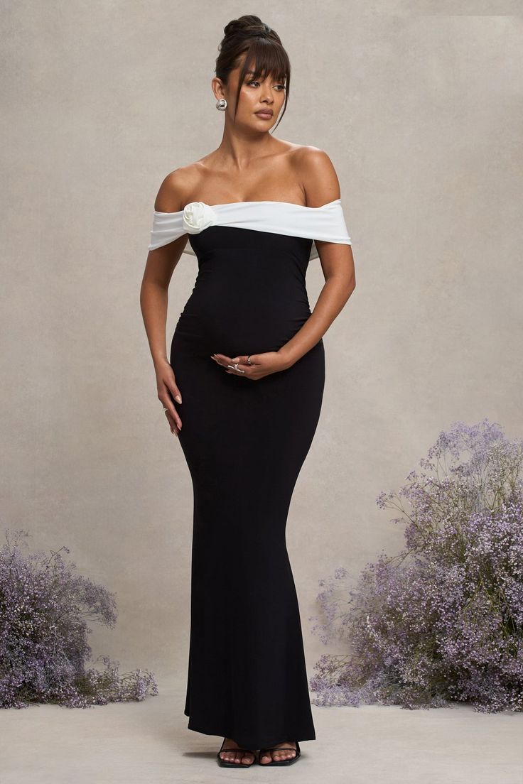 In Bloom Black & White Bardot Maternity Maxi Dress With Flower – Club L London - USA Club L London, Bardot Neckline, Maternity Maxi Dress, Black Dress Prom, Fishtail Skirt, Black Tie Gala, Flower Corsage, Maternity Maxi, Party Dress Long Sleeve