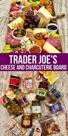 the cover of trader joe's cheese and charcuterie board, with various foods laid out on it