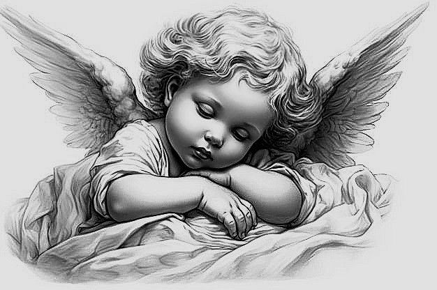 a drawing of an angel sleeping on top of a bed