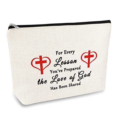 a white zippered bag with red crosses and hearts on the inside that says for every person you've prepared the love of god has been shared