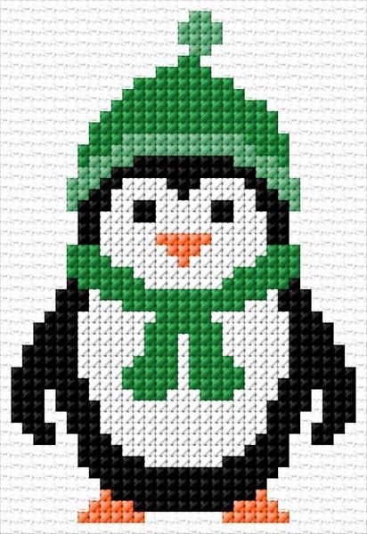 a penguin with a green hat and scarf on it's head is depicted in this cross stitch pattern