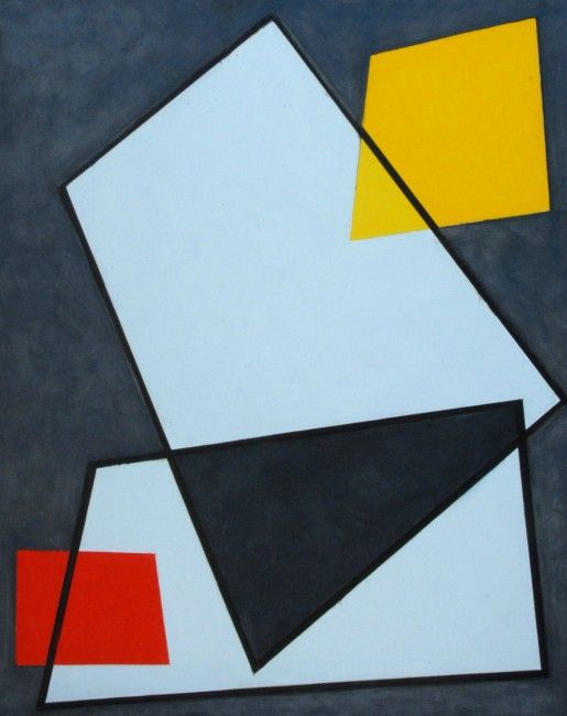 an abstract painting with black, white, yellow and red shapes