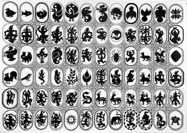 black and white silhouettes of different animals in oval frames on a white background photo