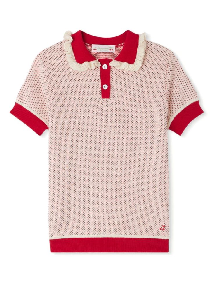 ruby red piqué weave ruffled detailing embroidered logo to the front polo collar short front button fastening short sleeves straight hem Polo Shirt Girl, Dress With Jean Jacket, Embroidered Polo Shirts, Baby Boy Accessories, Dolce And Gabbana Kids, Shop Tops, Stella Mccartney Kids, Suits Coats, Polo Collar