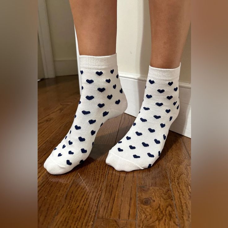 Soft, White Socks With Navy Hearts. All Accessories Are Final Sale. Fabrics: 80% Cotton, 20% Spandex Measurements: One Size Made In: Vietnam Brandy Heart Socks Outfit, Indie Socks, Bur Basket, Black Leg Warmers, Ruffled Socks, Heart Socks, Knit Leg Warmers, Sock Outfits, White Socks