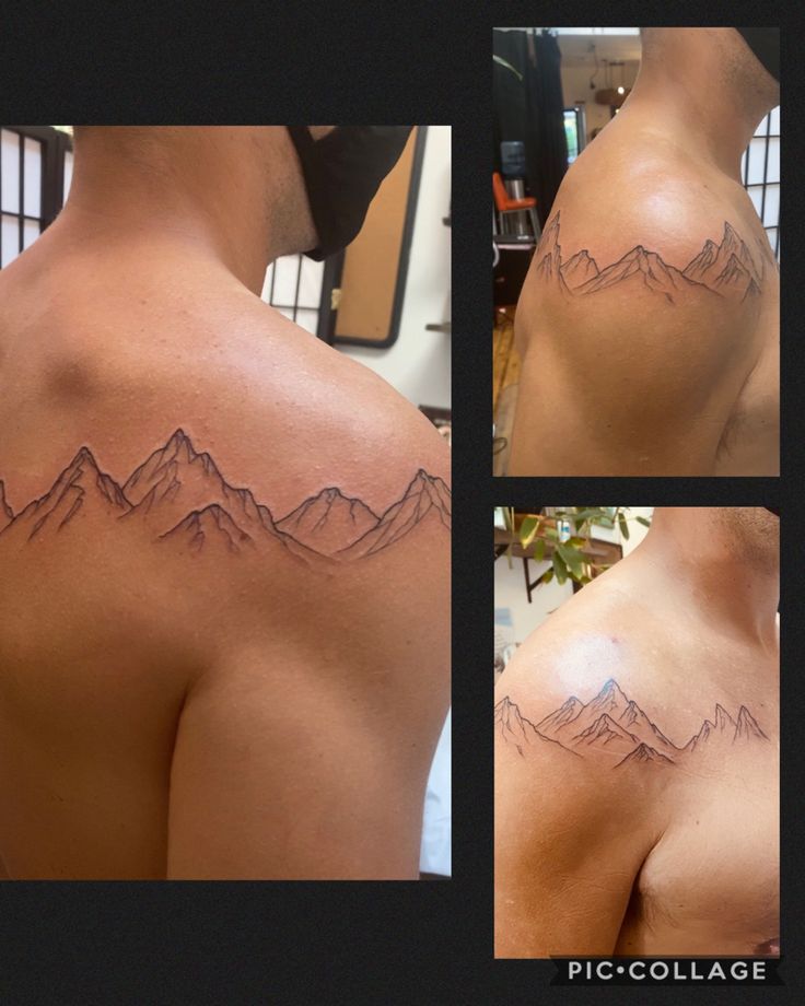 the back of a man's shoulder with mountains tattooed on his upper half and chest