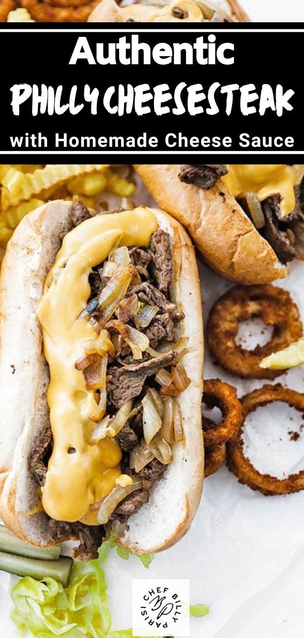 an image of a plate with cheese steak and onion rings on it, along with other food items