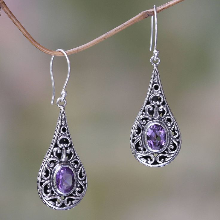 Amethyst is scintillating in sterling silver earrings from Komang Wijayana. Expertly crafted by hand with 2.5 gemstone carats the earrings are brimming with the graceful elegance of Balinese artistry. .925 Sterling silver Diamond Earrings Design, Silver Earrings Handmade, Amethyst Jewelry, Red Earrings, Pearl Earrings Dangle, Amethyst Earrings, Girly Jewelry, Balinese, Online Earrings