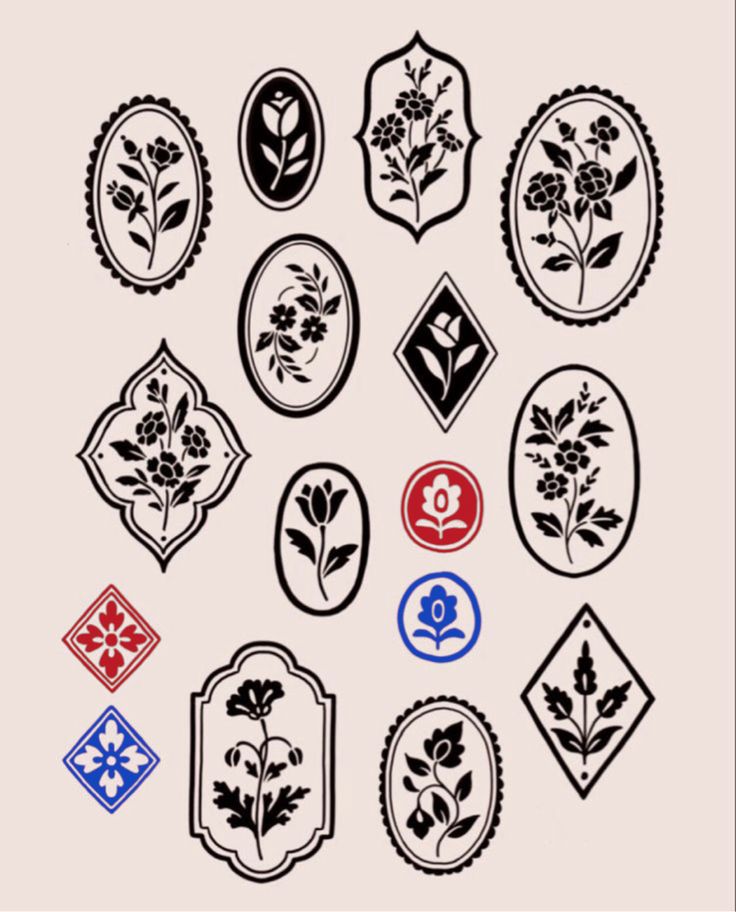 an assortment of flower emblems on a white background