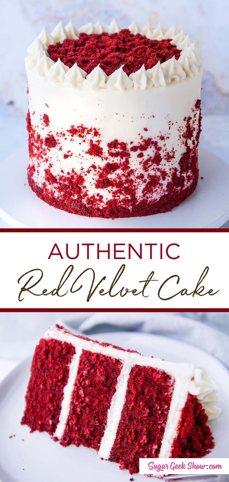 red velvet cake with white frosting on top and the words authentic red velvet cake above it