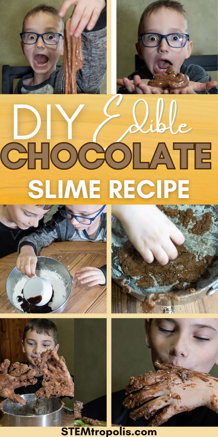 For a quick activity for kids, you can't miss this simple two ingredient edible chocolate slime!  Mix some corn starch and chocolate syrup to make some slime you can eat.  The kids love getting their hands dirty and eating the chocolate.  Click to find kid's activities, STEM challenges, STEAM projects, and science experiments at STEMtropolis.com Chocolate Stem Activities, Food Experiments For Kids, Edible Stem, Candy Science Experiments, Chemistry Experiments For Kids, Chocolate Slime, Candy Science, Kitchen Chemistry, Elementary Stem Activities