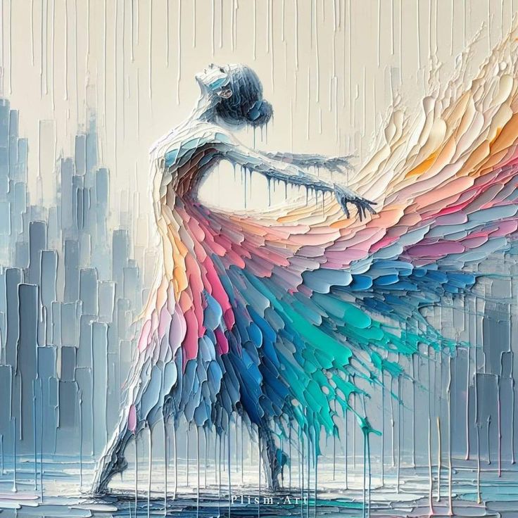 a painting of a woman with colorful wings on her body, in the middle of water