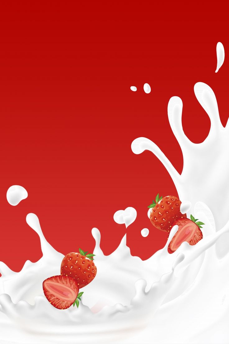 strawberries falling into milk with splashing liquid on red backgroung background