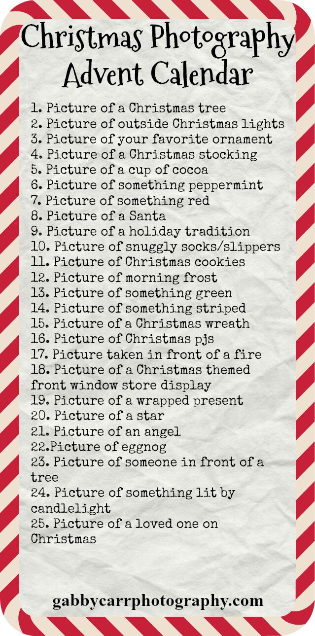 a christmas photography calendar with red and white stripes on the bottom, which is written in black